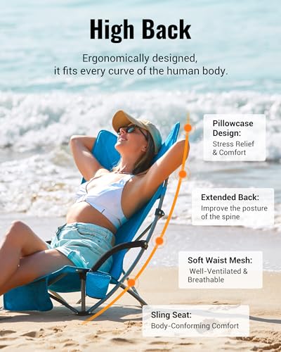 KingCamp Low Beach Chair, High Back Folding Camping Chair for Adults, Oversized Breathable Mesh Seat, 300lbs Heavy Duty Portable Chair with Cup Holder & Storage Pockets for Beach, Outdoor - color: Ergobreeze H Blue 2pcs-2