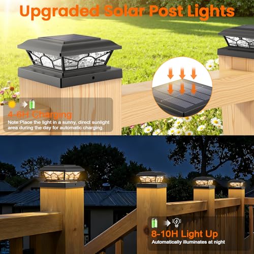 Brightever 4x4 3.5x3.5 Solar Post Cap Lights, 12pack Solar Powered Fence Post Light Outdoor Waterproof for Vinyl/Wooden Post, 2 Modes(Warm/Cool White), Black Solar Deck Post Lights for Patio, Porch - color: Black, size: 12 Pack