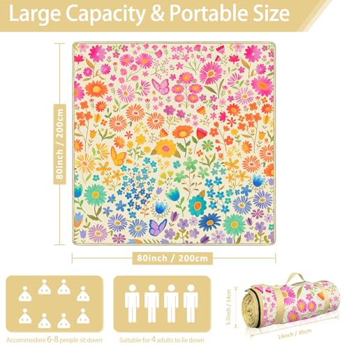 Floral Picnic Blankets Waterproof Foldable, 80″X80″ Extra Large Picnic Mat Boho Outdoor Blanket for Grass, Cute Packable Beach Blanket Sandproof Picnic Accessories for Camping Music Festival Park Lawn - color: B02, size: 6'8" X 6'8" (Square)