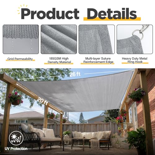 20 x 26 ft Sun Shade Sail for Patio Rectangle 185 GSM Heavy Duty UV Block Canopy Permeable Cover Outdoor Garden Deck Backyard Commercial Grade 95%-98% UV Protection Easy Installation(Gray) - color: Gray