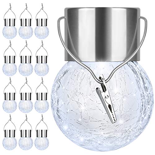 12Pack Outdoor Hanging Solar Lights - Solar Powered Crackle Glass Ball Lights Waterproof Tree Hanging Outdoor Globe Lights with Hook for Garden Balcony Patio Christmas Party Decoration, Daylight White - color: Daylight White