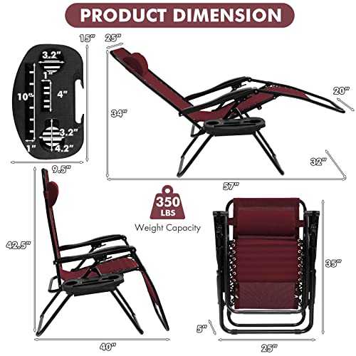 Giantex Zero Gravity Reclining Chair, Outdoor Patio Recliner with Cup Holder & Removable Pillow, Adjustable Backrest, Indoor Lounge Chair for Backyard, Garden, Poolside (Burgundy) - color: Burgundy, size: 1 Count (Pack of 1)
