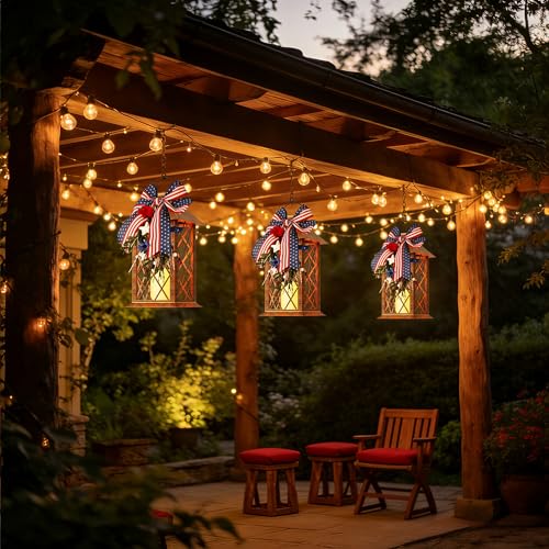 4th of July Solar Lanterns Outdoor Waterproof, Patriotic Hanging Lantern with Flickering LED Candle, 13" Independence Day Lanterns Decorations for Patio Porch Garden Yard Pathway, 1 Pack - size: Patriotic 1 Pack