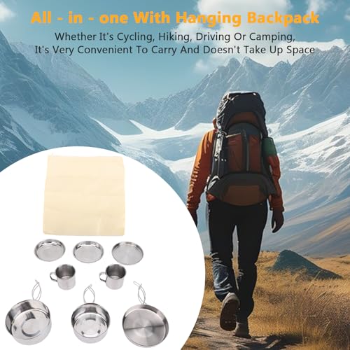 8PCS Stainless Steel Camping Cooking Set Cookware Mess Kit Cook Pots and Pan Set with Plates Cups, Lightweight Camping Cookware for Hiking Backpacking Outdoor Cooking and Picnic