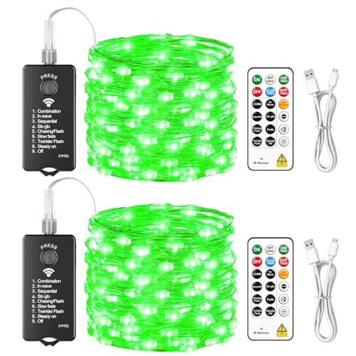 HXWEIYE Rechargeable Fairy Lights with Remote, 2 Pack 33ft 100LED Twinkle Lights with DIY Timer & Light Sensor, Waterproof Outdoor String Lights for Bedroom Patio Christmas Tree Decor, Green - color: Green, size: 100 LEDs - 2Pack