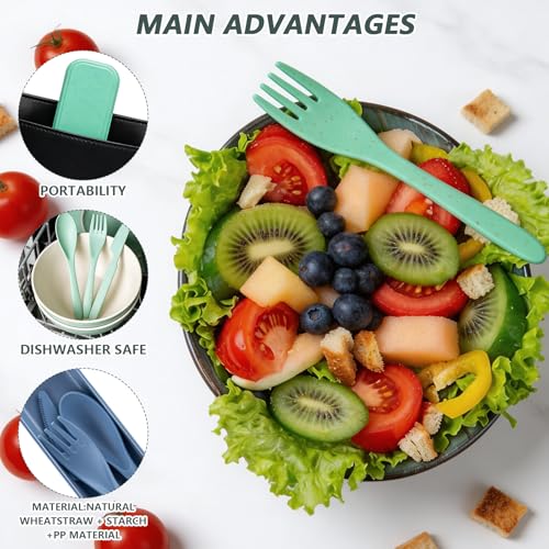 24 Sets Reusable Travel Utensils Set with Case, Wheat Straw Portable Knife Fork Spoons Cutlery, Eco-Friendly BPA Free Plastic Tableware for Kids Adults Travel Picnic Camping Utensils (8 Colors)