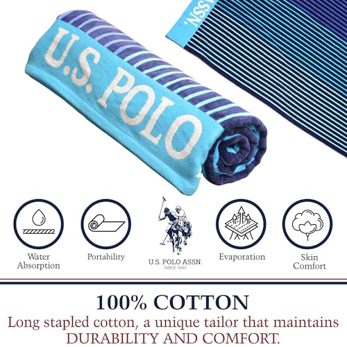 U.S. Polo Assn. 2-Pack Luxury Plush Cotton Oversized (40" x 70") Beach Towels, Striped Nautical Design, Hotel Quality for Bath & Pool- Blue/Teal - color: Blue/Teal, size: 40" x 70"