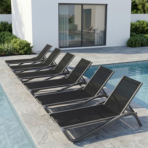 Patio Chaise Lounge Chairs Set of 6, All-Weather Aluminum Pool Loungers for Outside, 5-Position Adjustable Sunbathing Chairs for Tanning, Stackable for Backyard, Poolside, Black - color: Black, size: Set of 6