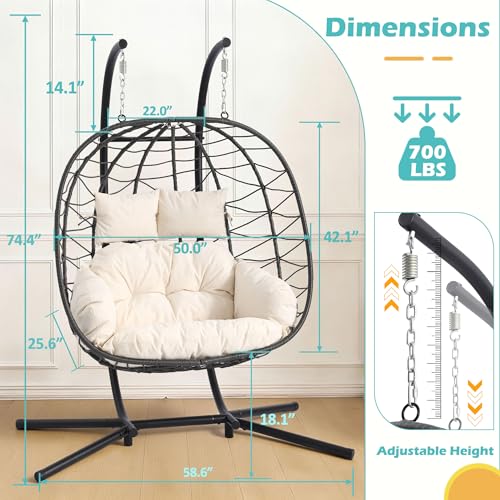Double Outdoor Hanging Egg Chair with Stand & Oversized Cushion, 700LBS Capacity Heavy-Duty Patio Swing Hammock Chair, Thickened Metal Frame for Garden, Balcony, Bedroom (Beige, Grand) - color: Beige, size: Grand