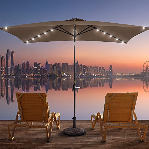 Rectangle Patio Umbrella with Solar Lights, 10 x 6.5ft Rectangular Outdoor Umbrella Table Market Patio Umbrella with Push Button Tilt and Crank for Garden, Deck, Backyard, Pool - color: Taupe