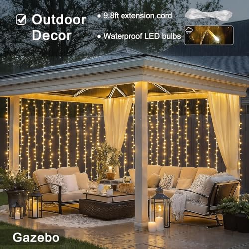 JMEXSUSS 600 LED Curtain Lights Outdoor, 9.5ft x 19.6ft Window Hanging Lights with Remote, Plug in, 8 Modes, Indoor String Lights for Bedroom, Wall, Xmas, Party, Backdrop, Wedding Decor, Warm White - color: *Warm White, size: 600 LED