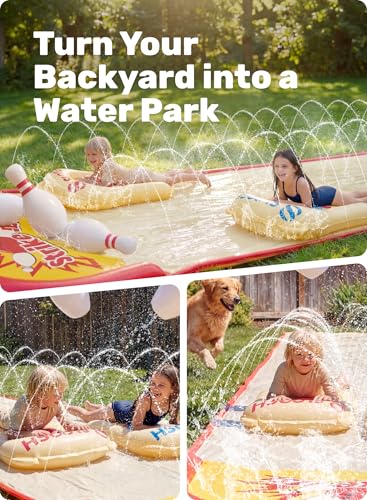 Sloosh 20FT Lawn Water Slide Bowling Game Set,Water Slides and 2 Bodyboards Summer Slip Waterslide Toy with Build in Sprinkler for Backyard Outdoor Fun for Kids