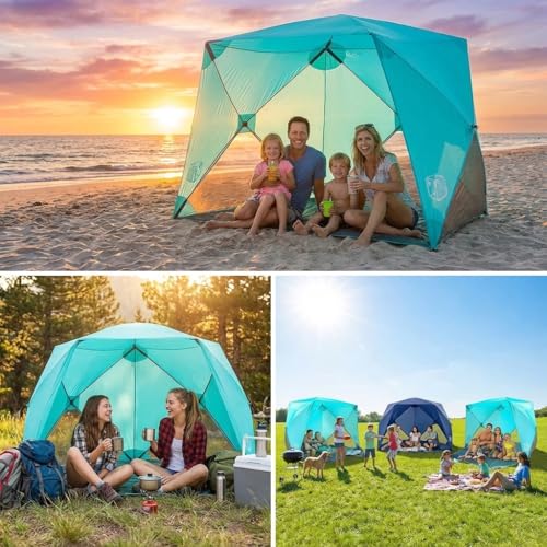 Beach Cube Pop Up Beach Tent Portable Shade Sun Shelter UPF50+ UV Protection for 4 Person Expandable Floor for Beach Fishing Hiking Camping – Aqua Color - color: Aqua Color