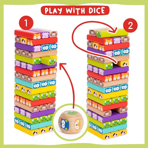 Nene Toys Wooden Tumble Tower Game with Animals & Colors, 4-in-1 Educational Family Board Game for Kids Ages 3-9, Creativity & Cognitive Skills Booster - Gift for Boys Girls 3+ Years - style: Animals