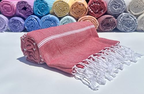 Turkish Beach Towel 100% Organic Cotton Extra Large Oversized (39 x 71 Inches) Quick Dry Sand Free Light Weight Prewashed for Bath Beach Gym Yoga Travel Towel Blanket (Red) - color: Red