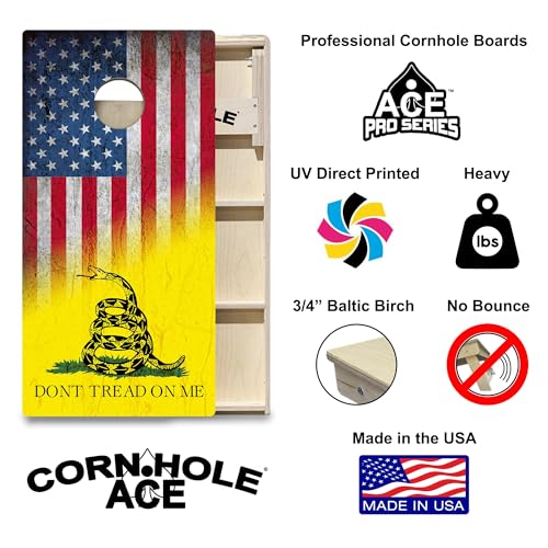 CornholeAce ACE PRO American Flag Cornhole Board Set - No Bounce! Triple Wide Legs, 3/4" Baltic Birch Plywood, Handles, Regulation Size (4x2ft), Tournament Style, Made in USA - color: USA-DTOM