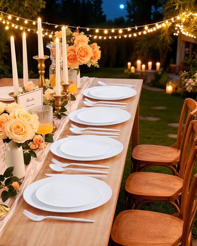 WONDERFUL 32pcs White Plastic Plates Reusable Unbreakable Dinnerware Set Dishes Set Dishwasher Safe Outdoor Plates Includes:16 Dinner 10" and 16 Dessert Plate 7.3" Ideal for Wedding/Mothers Day - color: White