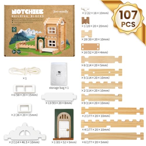 Jovi-mindly＆Notchies 107 Pcs Wooden Blocks Toys with Door and Windows,Classic Old Fashioned Toys,Wooden Building Blocks for Kids Ages 4-8 Boys and Girls,Birthday Toys Gifts - style: Dream House
