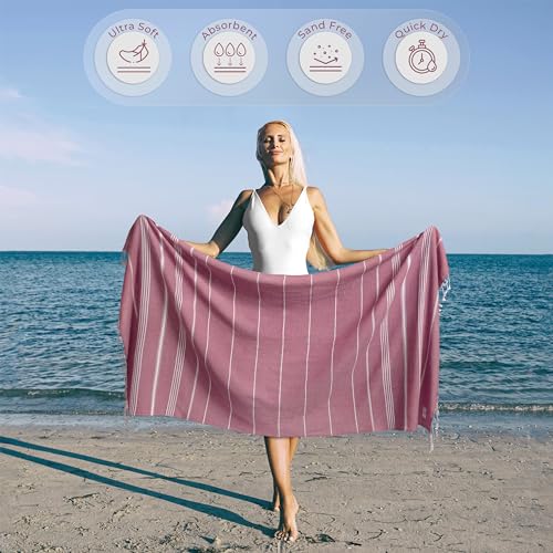 Ossano Turkish Beach Towel Soft & Drying Oversized (39" x 71") - Quick Dry, Versatile and Functional as Picnic, Travel and Beach Blanket, Yoga, Gym, Pool and Cruise Towels - Pink - color: Pink