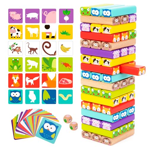 Nene Toys Wooden Tumble Tower Game with Animals & Colors, 4-in-1 Educational Family Board Game for Kids Ages 3-9, Creativity & Cognitive Skills Booster - Gift for Boys Girls 3+ Years - style: Animals