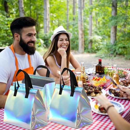 FoldTier 100 Pcs Iridescent Insulated Bag Bulk for Food Delivery Customized Thermal Insulation Take Away Bag for Hot Cold Coffee Milk Seafood Pizza Delivery for Grocery Catering Restaurant Beach Party