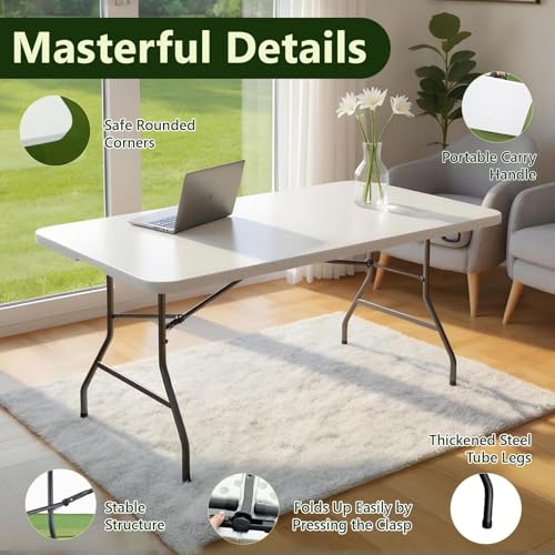 Folding Table, 6FT Foldable Picnic Table with Carrying Handle, Heavy Duty Fold-in-Half Portable Table for Weddings, Camping, RV Travel, Parties, BBQs, and Indoor Use, Easy to Fold and Store, White - color: White, size: 6FT