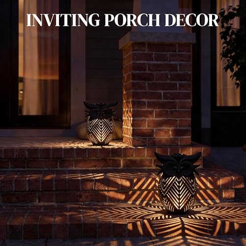 Hanging Owl Solar Lantern, Outdoor Waterproof Metal Solar Lights with Palm Leaf Shadow, Decorative Garden Lanterns for Yard Art Patio Decor, Whimsical Gifts for Women, Black