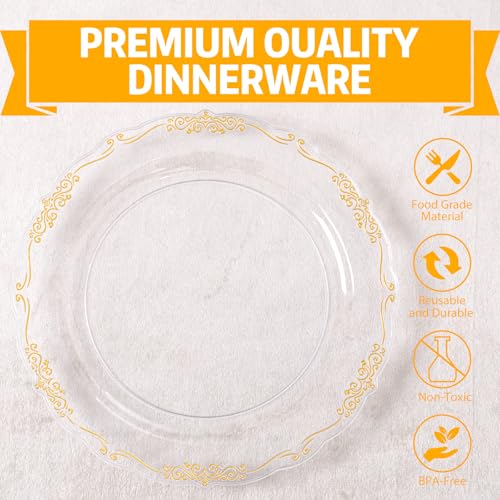 U-QE 100PCS Clear Gold Plastic Plates - Disposable Heavy Duty Clear Plates with Gold Rim Including 50PCS 10'' Dinner Plates & 50PCS 7.5'' Dessert Plates Perfect for Party, Weddings - color: Clear Gold