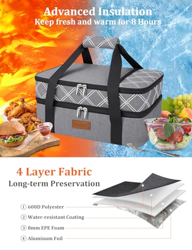 Vuudh Expandable Casserole Carrier Bag, Double Deckered Insulated Food Bag for 2 Dishes, Hot Cold Lasagna Holder Tote for Picnic, Potluck, Travel - color: Expandable-gery