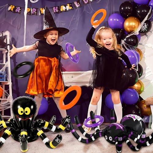 Max Fun Halloween Ring Toss Games for Kids, 2 Pack Inflatable Spiders Set Halloween Party Favor Supplies Holiday Carnival School Decoration Outdoor Indoor Spooky Creepy Game