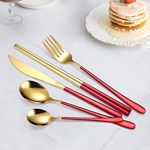 AARAINBOW 6 Pieces 18/8 Stainless Steel Flatware Set Portable Reusable Cutlery Set Travel Utensils Set Including Chopsticks Knife Fork Spoon Straws Cleaning Brush Dishwasher Safe (Red golden) - color: Red golden