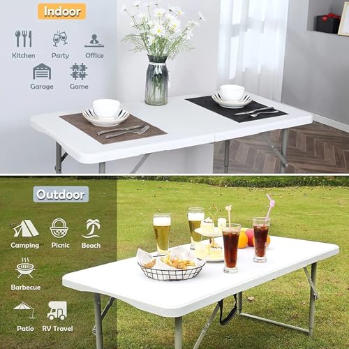 Folding Table 4 Foot Portable Heavy Duty Plastic Fold-in-Half Utility Table Small Indoor Outdoor Adjustable Height Folding with Carrying Handle, Camping and Party White - color: White, size: 4Ft