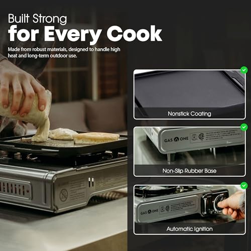 GasOne GS-1000G-KIT Butane Gas Stove with Flat Top Griddle Included – Butane Grill Tent Stove Burners for Cooking for Camping, Kitchen – Diecast Aluminum with Non Stick Coating - color: Gray