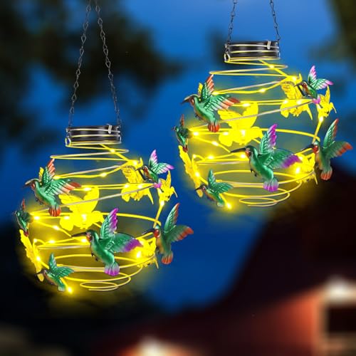 2 Pack Hummingbird Solar Lights Outdoor Hanging Lantern with Handle, Solar Powered Hummingbird Garden Decor for Outside Patio Yard Porch Pathway Hummingbird Gifts for Women (Warm White LED Lights) - color: Green-Hummingbird