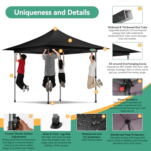 COBIZI 13x13 Pop Up Canopy Tent Heavy Duty with Sidewalls & Auto-Extending Eaves Outdoor Gazebo Easy Up for Backyard Party Commercial Events, All Weather Waterproof UV 50+ (Leg Upgraded) Black - color: Black, size: 13x13ft