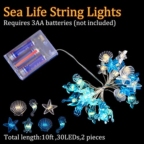 Zhanmai 2 Pcs Ocean Decor String Lights for Bedroom Nautical Theme Seashell Seahorse Conch 10ft 30 LED Battery Operated String Lights for Xmas Tree Ornaments Birthday Holiday Party Decor - style: Ocean Style