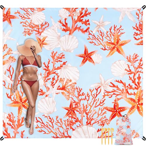 Beach Blanket, Waterproof Sandproof Beach Blanket with 4 Stakes & 4 Pockets, 78''×86'' Large Compact Lightweight Sand Free Outdoor Mat Essentials for Camping, Travel, Hiking - color: Red Starfish, size: 6.5x7.2 FT (1～4 person)