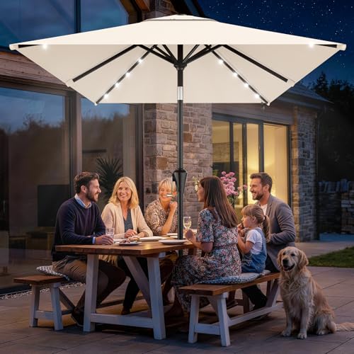 AreShark 6.5' x 10' Rectangular Patio Umbrella with Solar Lights, Solar Powered Lighted Market Umbrella w/Tilt and Crank, Outdoor Table Umbrella for Garden, Deck, Backyard, Pool, Cream-White - color: Cream-White, size: 6.5 X 10 Ft