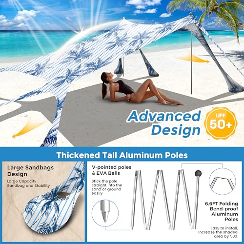 Beach Canopy Beach Tent Pop Up Shade 10x10ft Sun Shelter UPF50+ with 8 Sandbags-2 Sand Shovel-4 Aluminum Poles-Ground Pegs-Portable Carrying Bag for Outdoor Family Camping Fishing Yard Picnic - color: Navy Fronds