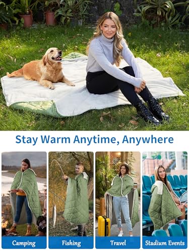 Heated Blanket Battery Operated, Portable Heat Shawl Throw,Heating Outdoor Camping Blanket Hoodie - color: Green