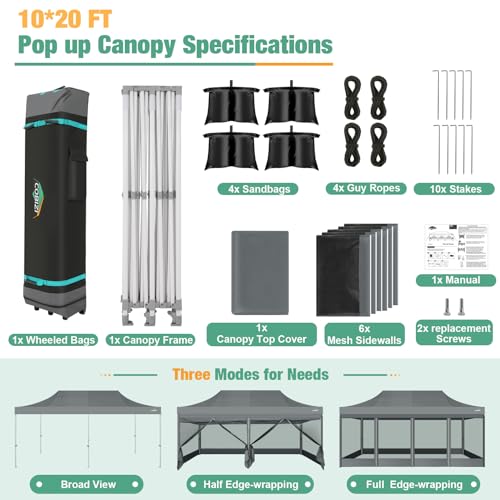 COBIZI 10x20 Canopy Tent, Heavy Duty Pop up Canopy with Sidewalls, Waterproof Easy Setup Canopy with Mosquito Netting, Outdoor Instant Screen Tents for Parties, Wedding with Roller Bag, Gray - color: Gray, size: 10x20ft