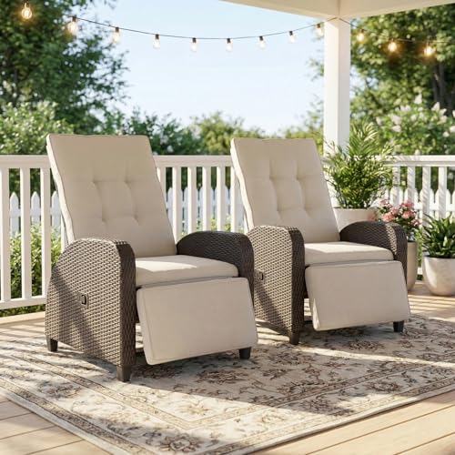 Green4ever 2-Peices Outdoor Patio Recliner with Adjustable Backrest, All-Weather Wicker Patio Chair with Side Table, 160° Lay Flat Patio Reclining Lounge Chair for Garden Backyard, Beige - color: Beige, size: 3 Pieces