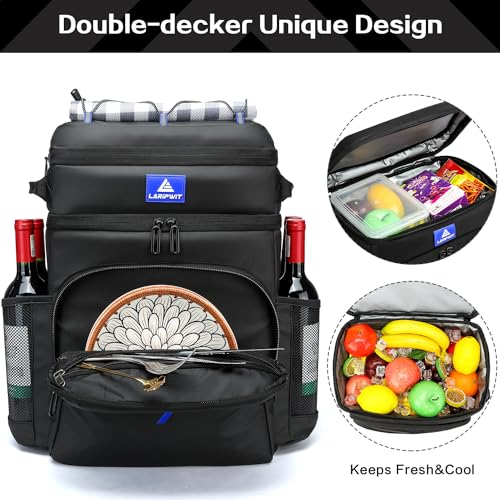Laripwit Picnic Backpack Cooler Bag - 54 Cans Black Cooler Backpack Insulated Leak-Proof Lunch Backpack with Cooler Compartment Large Double Deck Soft Cooler Bag for Beach,Camping,Travel - color: Black-with Stretchy Strap