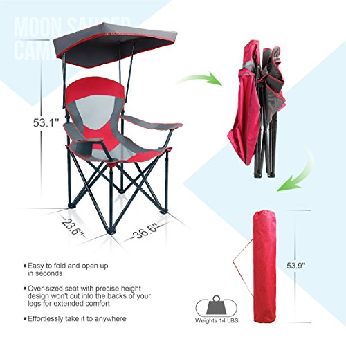 ALPHA CAMP Heavy Duty Canopy Camping Chair, 350 lbs Capacity Oversized Folding Chair with Adjustable Sunshade, Portable Sunshade Chair with Cup Holder for Beach, Fishing, Outdoor - color: Red