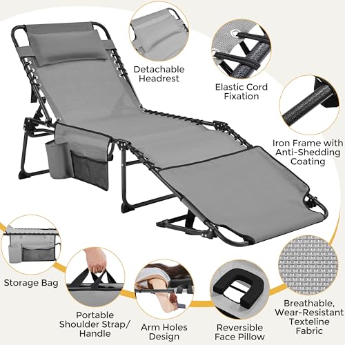 Yaheetech 26.4" Tanning Chair with Face Hole, Adjustable 5-Position Folding Chaise Lounge Chairs, Outdoor Lounge Chairs for Lawn, Beach, Patio, Gray - color: Grey, size: 26.4"