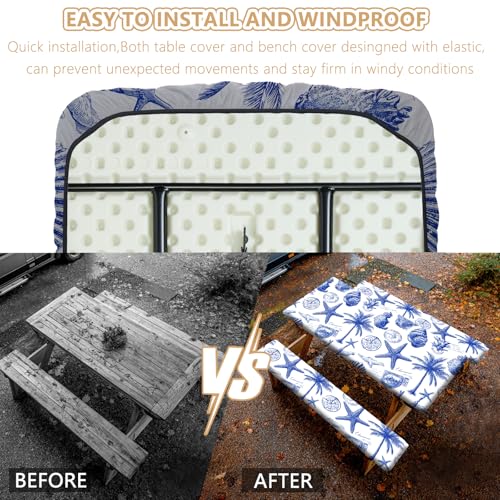 Picnic Table Cover with Bench Covers Elastic Edges, Outdoor Patio Camping Essentials 72 Inch 3PCS, Waterproof Camping Fitted Tablecloth with Handbags (Vintage ocean theme) - color: Ocean Elements, White
