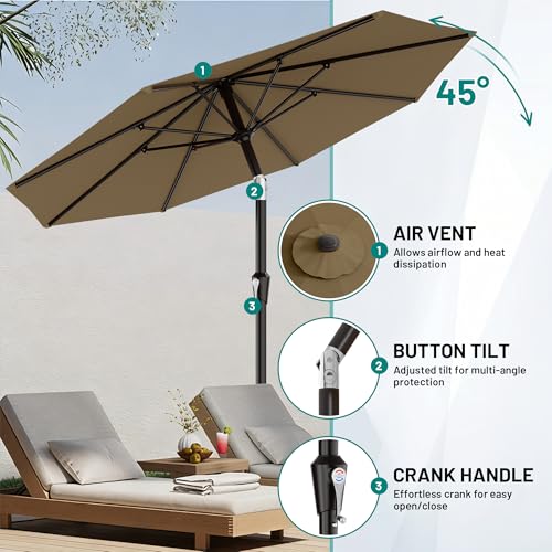 AreShark 9 FT Patio Umbrella for Outdoor, Outdoor Table Umbrella with Push Button Tilt and Crank, Outdoor Patio Umbrellas with 8 Sturdy Ribs for Market, Garden, Pool (Khaki) - color: Khaki, size: 9ft