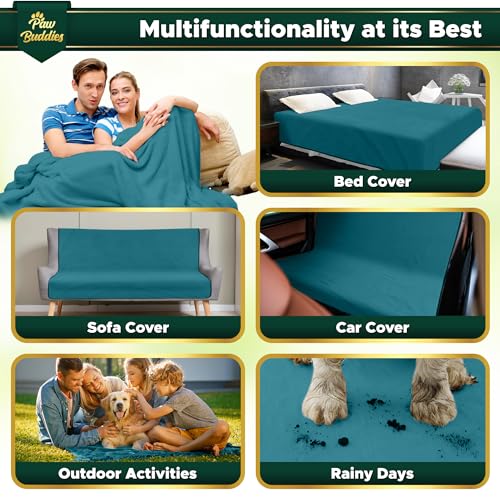 Paw Buddies Premium Waterproof Blanket 80"x90" Velvet-Feel Reversible Throw – Leakproof, Machine Washable Bed & Sofa King Size Protector for Couples, Pets & Travel + Bonus Small Blanket - color: Teal
