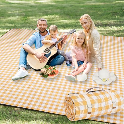 G GOOD GAIN Picnic Blankets Outdoor Extra Large - 80"x80" Portable Waterproof Picnic Blanket, Machine Washable 3-Layer Foldable Park Mat with Sandproof Backing for Grass, Hiking, Travel (Yellow) - color: Yellow