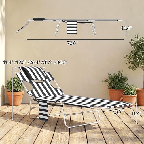 Outsunny Chaise Lounge Chair Outdoor with Face Arm Hole, 5-Position Reclining Face Down Tanning Chair with Carry Strap, Side Pocket, Portable Folding Bed Cot for Patio Beach Pool, Black Stripe - color: Black Stripe, size: 1 Piece